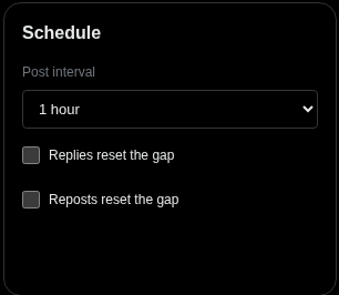 Banger schedule panel: post interval set to one hour, with options for replies and reposts to reset the gap